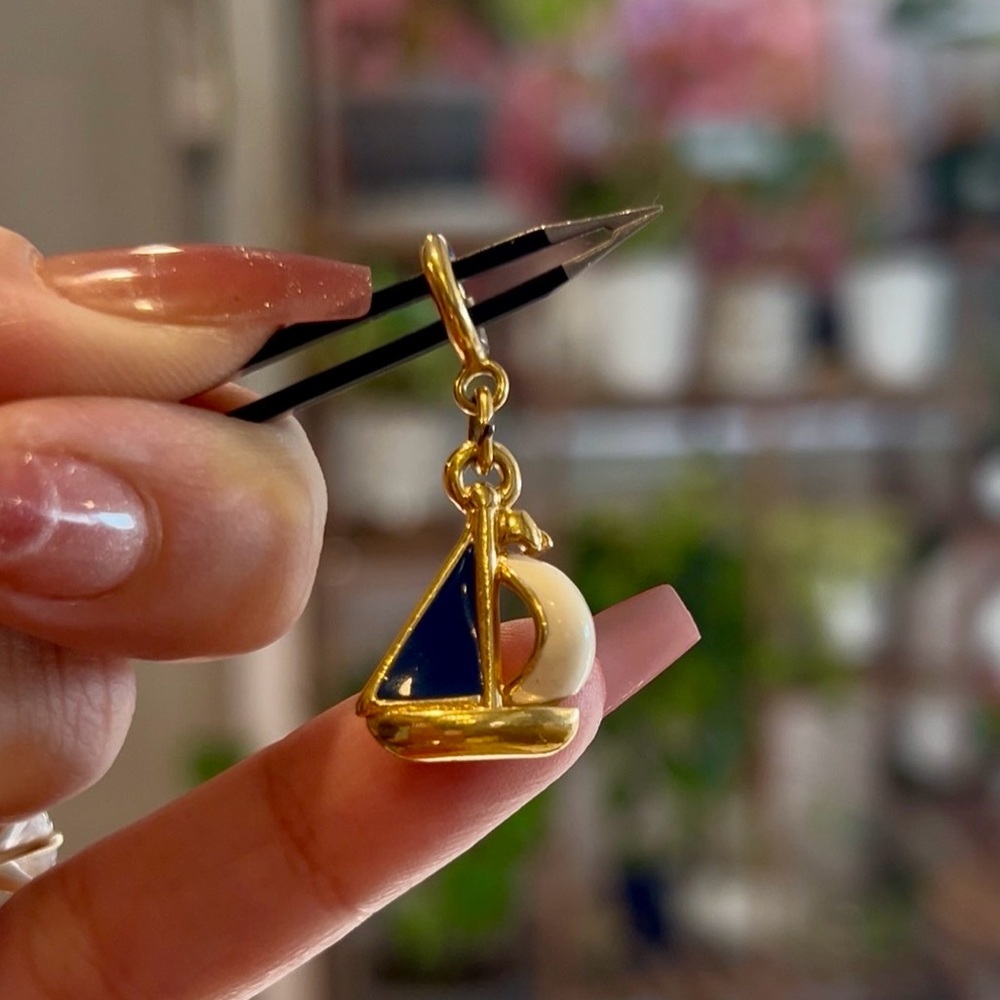Nautical Vintage Monet Gold Plated Enamel Sailboat Charm Blue White